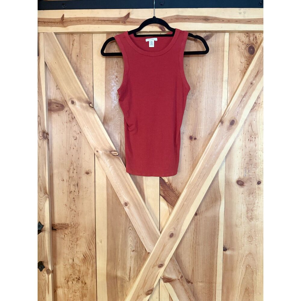 Rustic Red Ribbed High Neck Tank Top L NWOT Minimalist Basic Shirt Boho Western